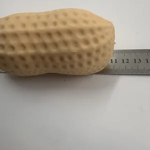 Realistic peanut stress relief toy with textured surface being measured