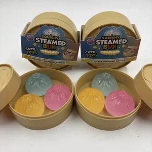 Detailed close-up view of colorful translucent squishy steamed bun toys in mini steamer baskets
