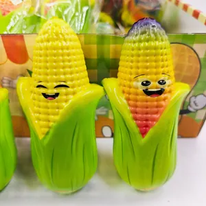 Close-up detail of colorful PU slow rebound corn squishy toys with cute smiling faces.
