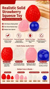 Realistic strawberry squishy toy in various sizes and colors made of soft TPR material