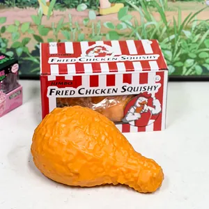 Detailed view of jumbo fried chicken squishy stress relief toy with striped packaging