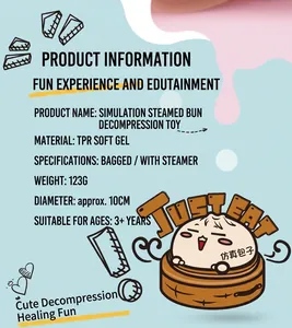Product specifications for simulation steamed bun squishy toy showing material and size details