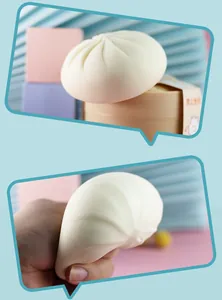 Close-up detail of slow rebound silicone steamed bun stress relief toy being squeezed by hand