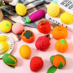 A variety of colorful fruit and vegetable shaped squishy stress relief fidget toys.
