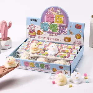 Detailed view of cute fluffy hamster squishy toys presented in their colorful display box