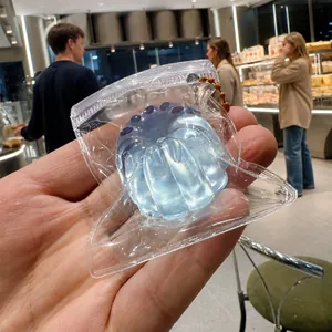 Macro view of a translucent blue glacier Canele squishy toy in clear mini ziplock bag