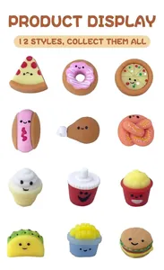 Detail von 12 süßen Squishy-Spielzeugen in Lebensmittelform wie Burger und Pizza