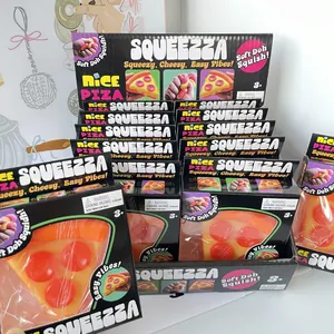 Close-up view of pizza squishy toys in retail packaging for office stress relief