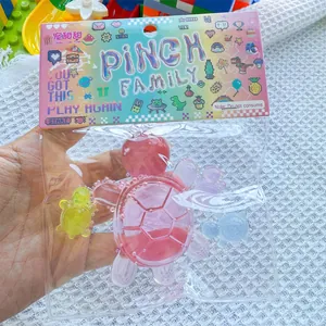 Detailansicht bunter transparenter Schildkröten-Quetschspielzeuge in der Verpackung