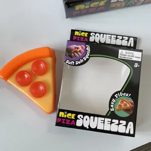 Close-up of a pizza-shaped squishy stress relief toy with its original retail packaging