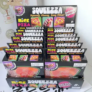 Close-up of Squeezza pizza squishy toys in retail display box