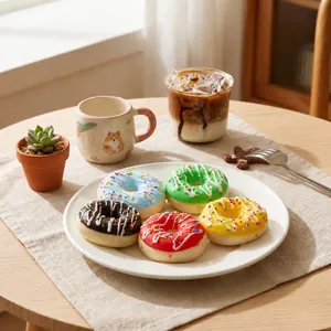 Ensemble de jouets donuts colorés anti-stress sur une assiette blanche.
