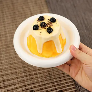 Gedetailleerde close-up van een realistische pudding knijpspeeltje met room op een wit bord