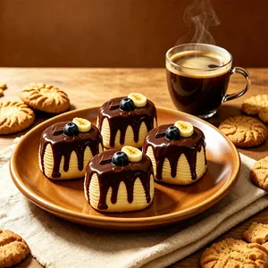 Primer plano detallado de juguetes blandos con forma de pan de chocolate en un plato
