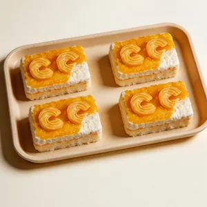 Vue détaillée de quatre squishies en forme de gâteau réaliste avec confiture d'orange