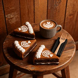 Jouets squishy réalistes en forme de café et gâteau au chocolat sur un tabouret en bois.