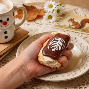 Nahaufnahme eines Kaffee-Keks-Squishy-Spielzeugs mit Latte Art in der Hand.