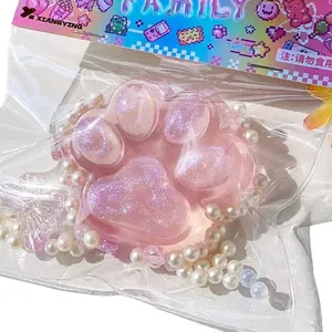 Μεγάλο ροζ γκλίτερ squishy πατούσα γάτας, μαλακό παιχνίδι κατά του στρες με πέρλες