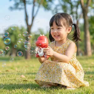 Une petite fille joue avec une machine à bulles dinosaure rouge dans un parc ensoleillé.