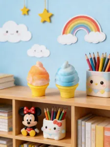 Primo piano di giocattoli squishy a forma di gelato colorato su uno scaffale.