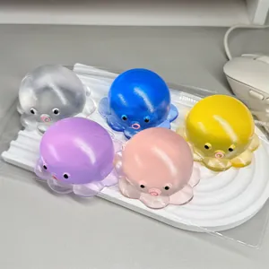 Detailed view of five colorful translucent octopus maltose squishy toys for stress relief