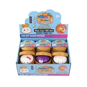 Cartoon bun squishy fidget toy set in display box featuring colorful slow-rebound characters