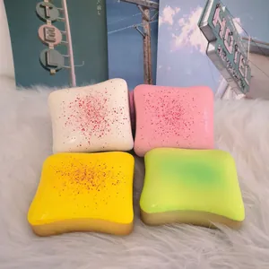 Macro detail of colorful cheese toast squishy toys for stress relief and sensory play