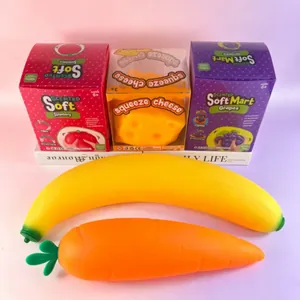 Gedetailleerd overzicht van bananen- en wortelvormige TPR-stressspeeltjes met verpakking