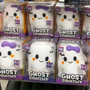 Crazy Fun white ghost squishy toy with purple bow in retail display packaging box