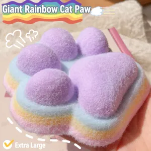 Extra großes, flauschiges Regenbogen-Katzenpfoten-Quetschi-Spielzeug mit lila Textur
