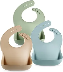 Set of three soft waterproof silicone baby bibs with adjustable neck and deep pocket