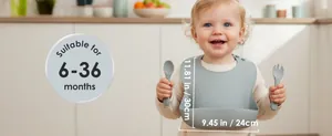 Close-up of gray silicone baby bib showing dimensions and suitable age range 6-36 months