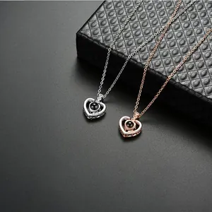 Heart projection necklace with 100 languages I love you pendant in two colors