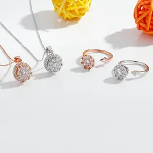 Rotatable Sunflower Zirconia Jewelry Copper Inlaid Spinner Ring And Necklace Rose Gold White Gold Plated Botanical Floral Trendy Accessories Women Gift