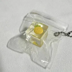 Detail of pineapple ice cube squishy toy in clear zipper bag with silver chain
