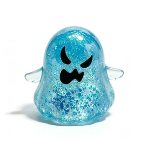 Detailed view of the translucent blue glittery ghost squeeze toy with an angry face