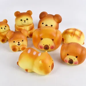 Collection of slow rising squishy bread toys with cute animal faces in various food shapes