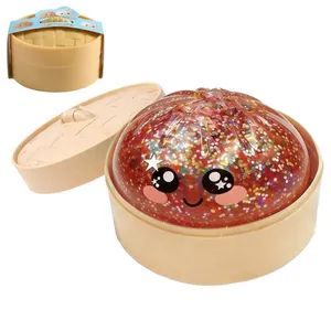 Niedliches, mit rotem Glitzer gefülltes Baozi-Squishy-Spielzeug mit Smiley und Dampfkorb