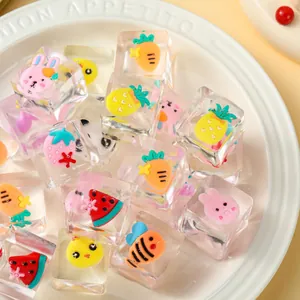 Transparent ice cube squeeze toys featuring cute cartoon animals and fruits for stress relief.