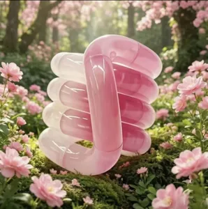 Roze en wit Unknot twist stressspeelgoed in een zonnige, bloemrijke buitenomgeving.