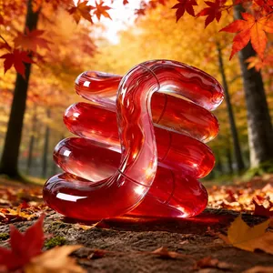 Dettaglio di un giocattolo fidget twist in cristallo rosso trasparente in bosco autunnale