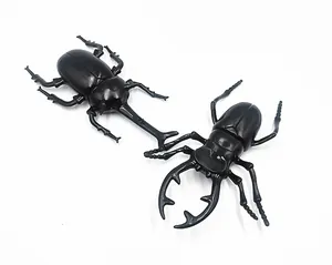 Detailed top view of large realistic black rhinoceros and stag beetle insect toy models
