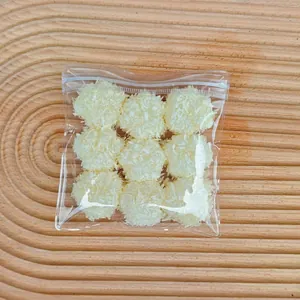Detailed close-up view of nine coconut milk cube squishy toys in a clear plastic zip bag