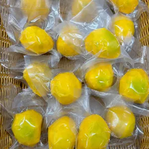 Yellow handmade mango shaped squishy stress relief balls in vacuum sealed packaging