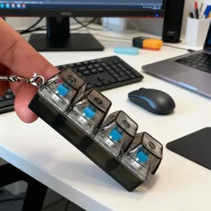 Close-up of 4-key mechanical keyboard fidget toy with transparent keycaps and blue switches.