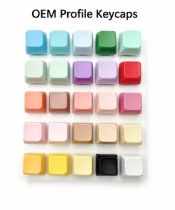 Detailed macro view of 25 colorful macaron square keycaps neatly arranged on a white tray