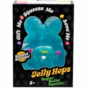 Jouet squishy lapin bleu pailleté Jelly Hops parfumé dans son emballage d'origine