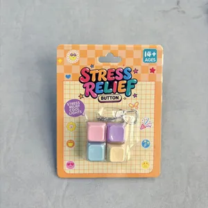 Detailed view of the retail blister packaging for the stress relief button keychain.