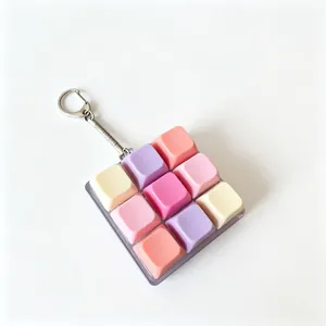 Close-up of a vibrant 9-key mechanical keyboard fidget toy keychain in pastel colors