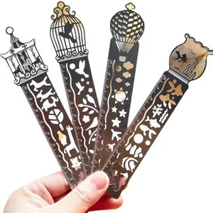 Creative hollow metal bookmark set with 10cm scale and decorative drawing stencils